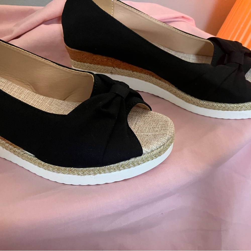 Black Bow Canvas Espadrilles With Gold Braided Detail
